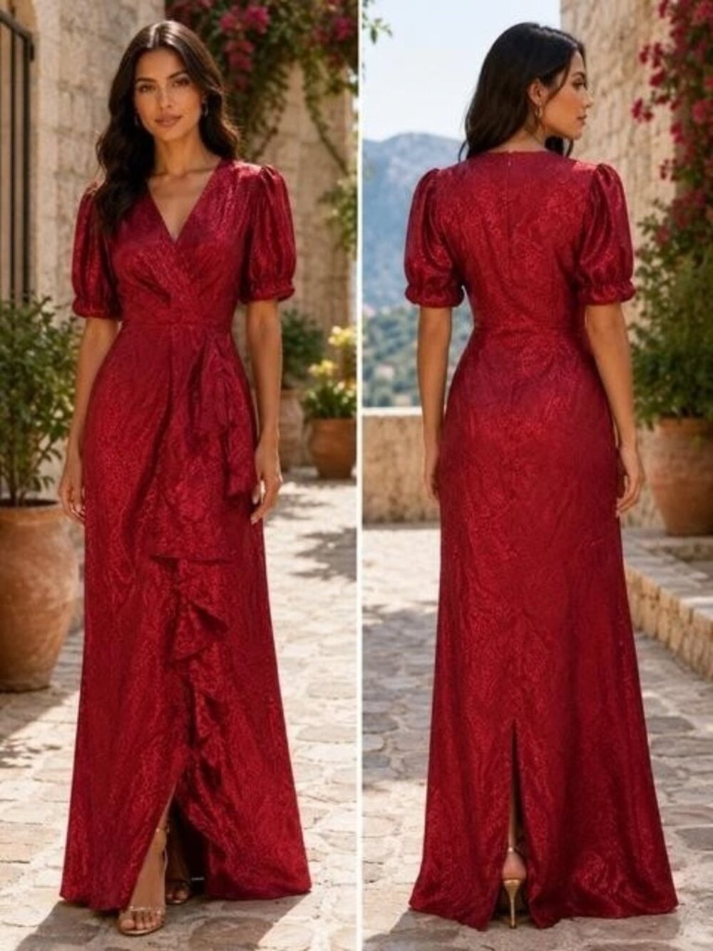 Sachin & Babi Wine Burgundy Saoirse Draped Satin Jacquard Gown